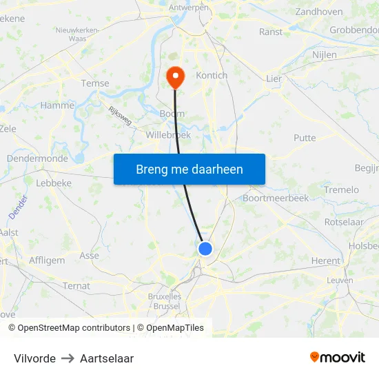Vilvorde to Aartselaar map
