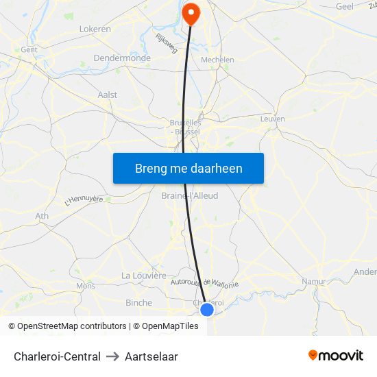 Charleroi-Central to Aartselaar map