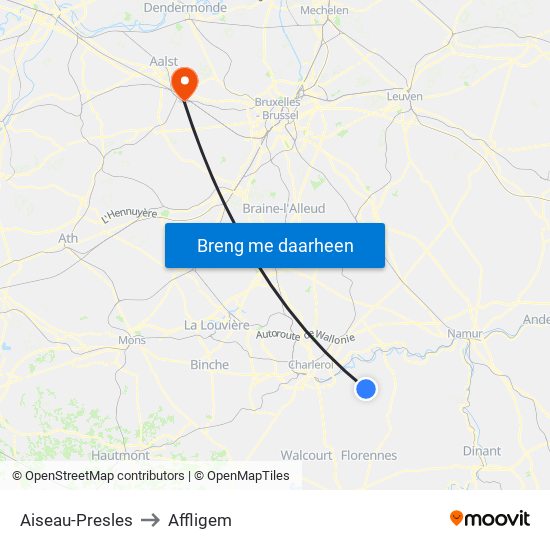 Aiseau-Presles to Affligem map