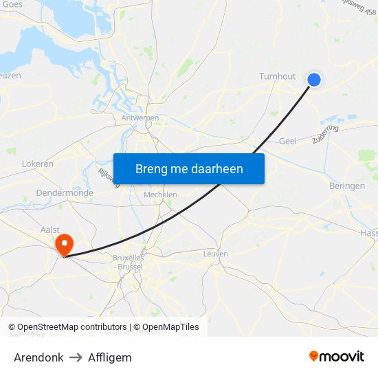 Arendonk to Affligem map