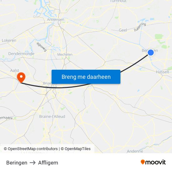 Beringen to Affligem map