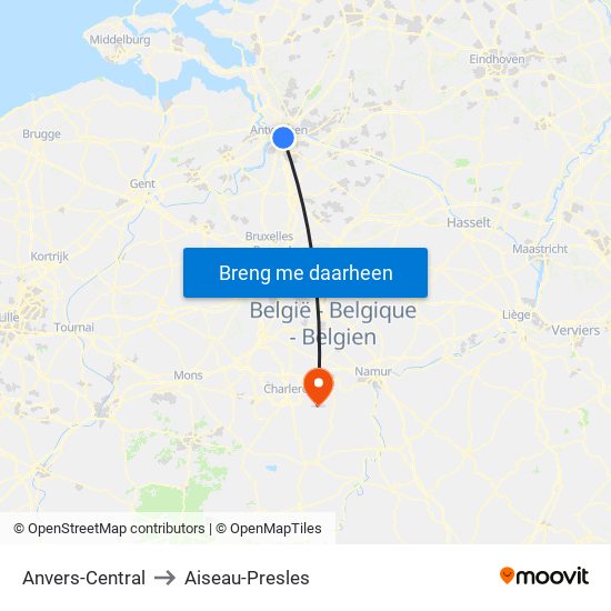 Anvers-Central to Aiseau-Presles map