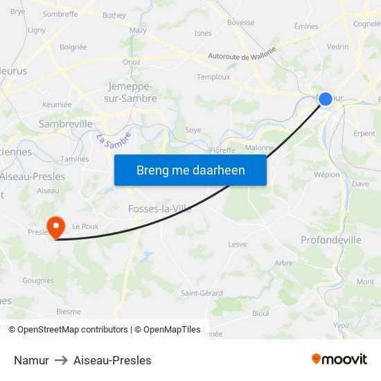 Namur to Aiseau-Presles map