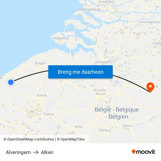 Alveringem to Alken map
