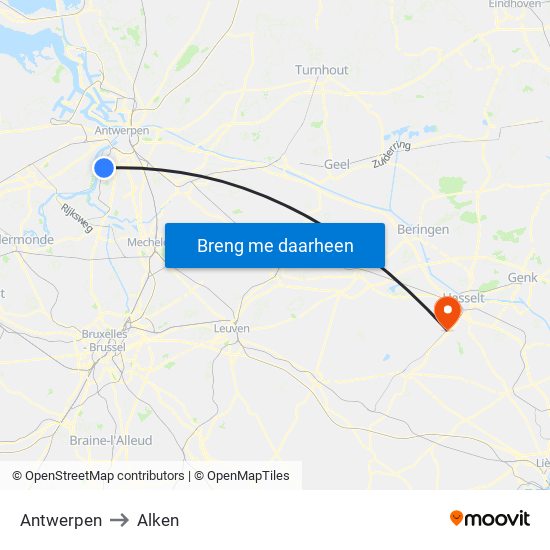 Antwerpen to Alken map