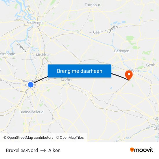 Bruxelles-Nord to Alken map