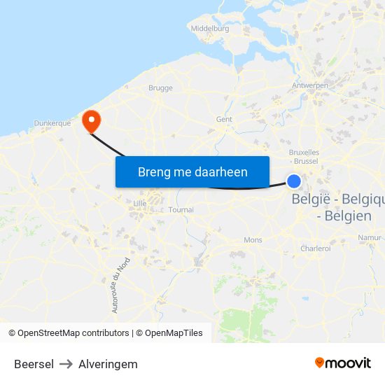 Beersel to Alveringem map