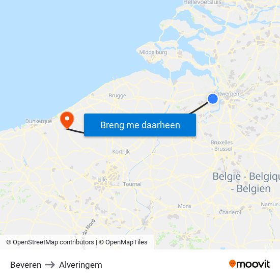 Beveren to Alveringem map