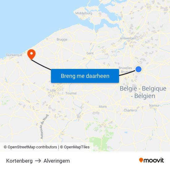 Kortenberg to Alveringem map