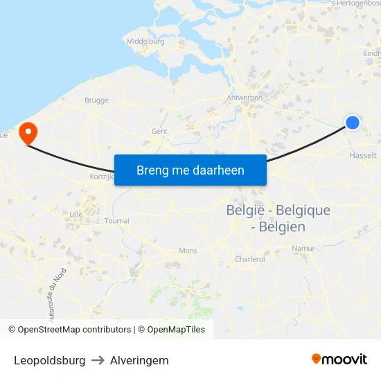 Leopoldsburg to Alveringem map