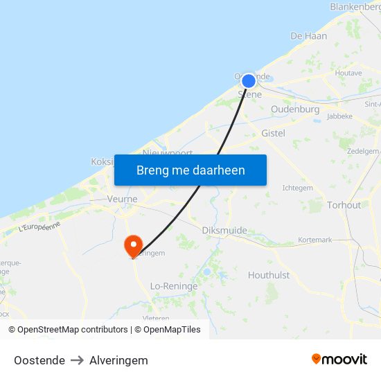 Oostende to Alveringem map