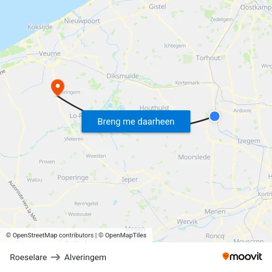 Roeselare to Alveringem map