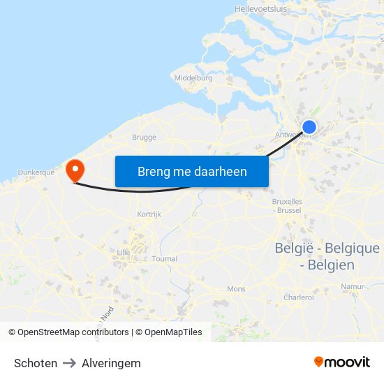 Schoten to Alveringem map