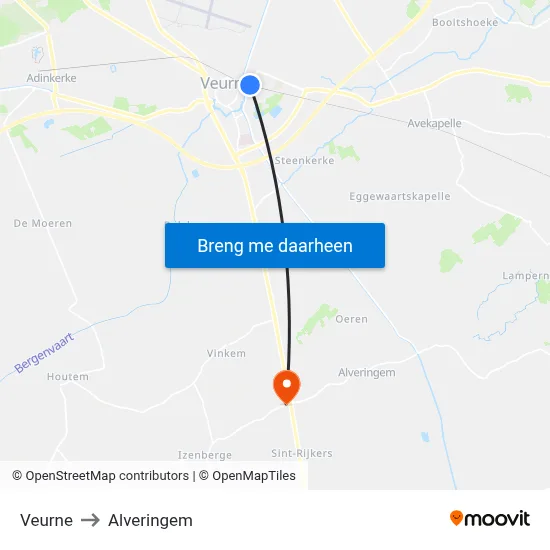 Veurne to Alveringem map