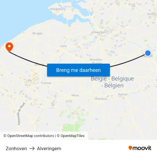 Zonhoven to Alveringem map