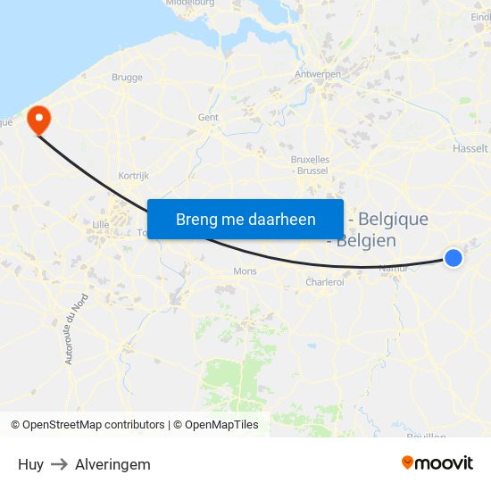 Huy to Alveringem map
