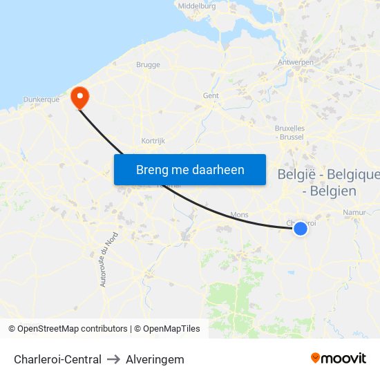 Charleroi-Central to Alveringem map