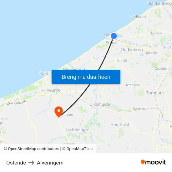 Ostende to Alveringem map