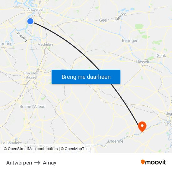 Antwerpen to Amay map
