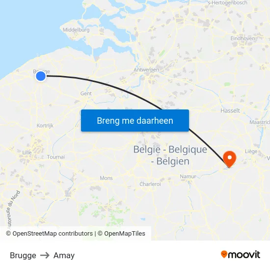 Brugge to Amay map