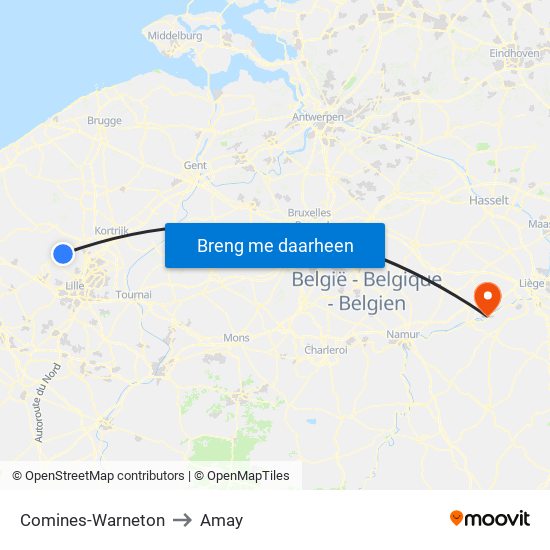 Comines-Warneton to Amay map