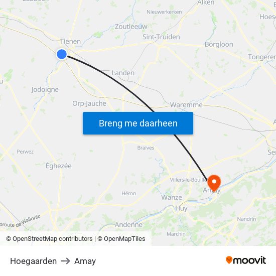 Hoegaarden to Amay map