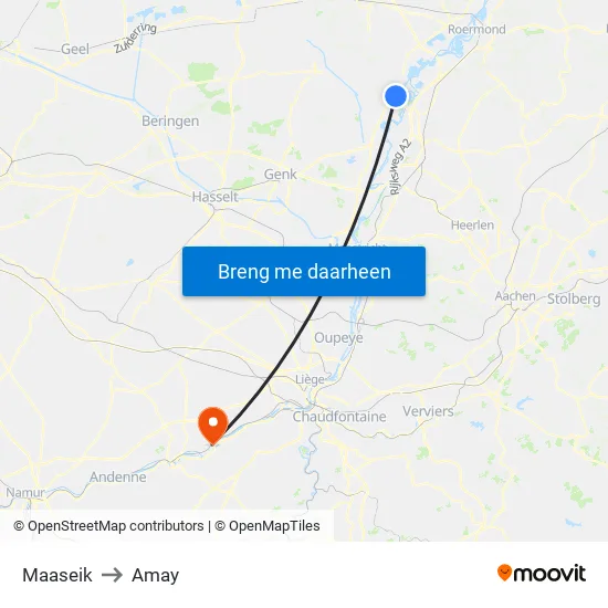 Maaseik to Amay map