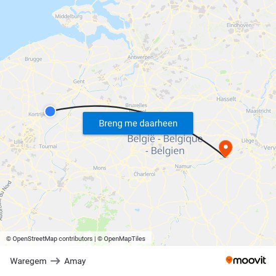 Waregem to Amay map