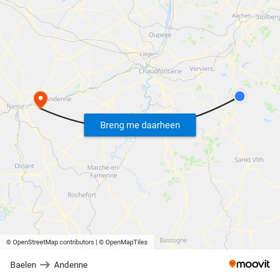 Baelen to Andenne map