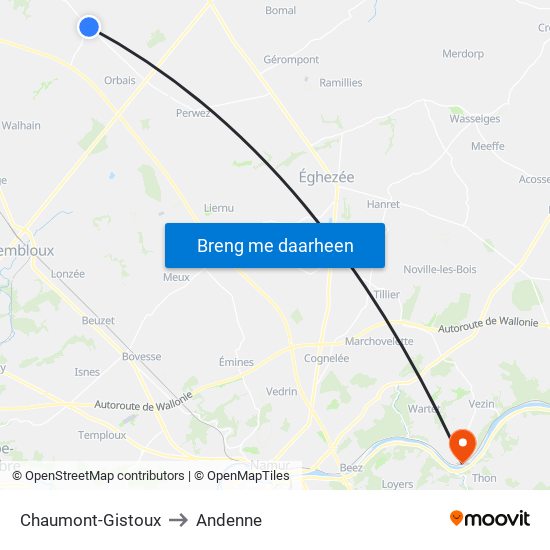 Chaumont-Gistoux to Andenne map