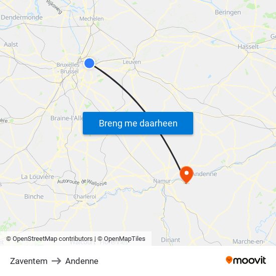 Zaventem to Andenne map