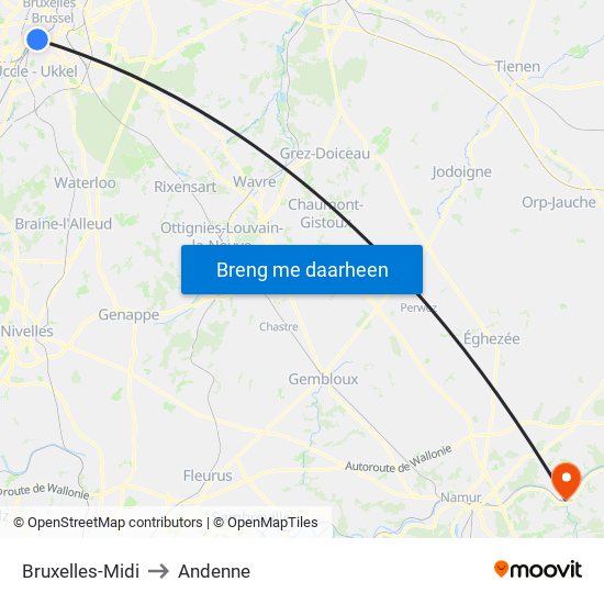 Bruxelles-Midi to Andenne map