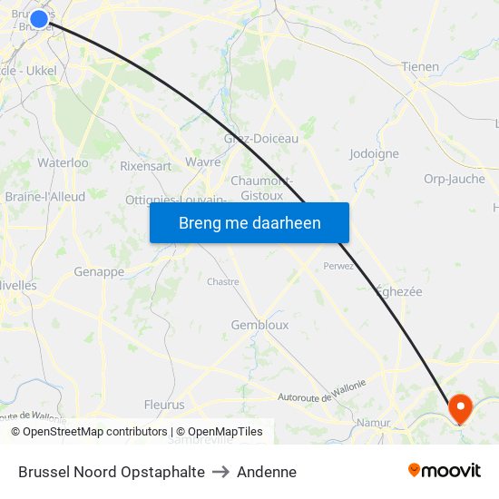 Brussel Noord Opstaphalte to Andenne map