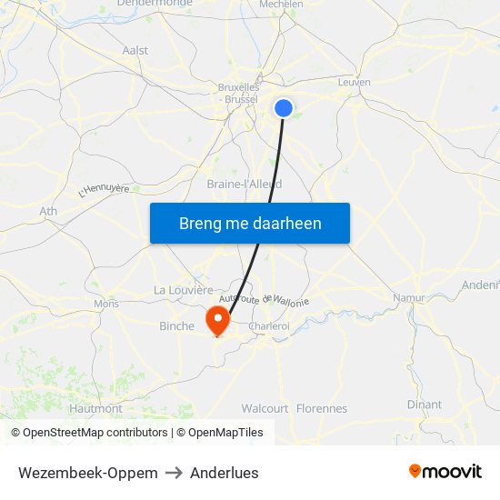 Wezembeek-Oppem to Anderlues map