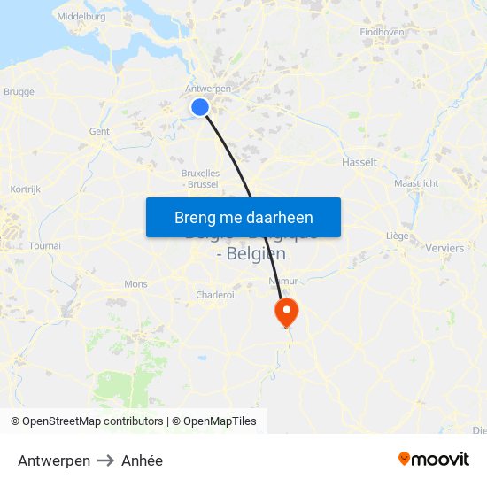 Antwerpen to Anhée map