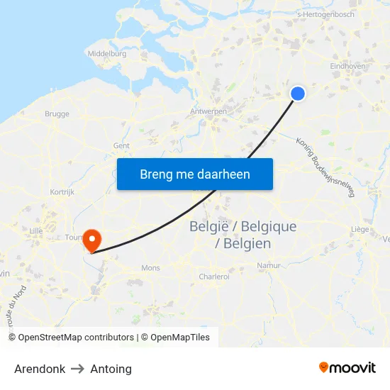 Arendonk to Antoing map
