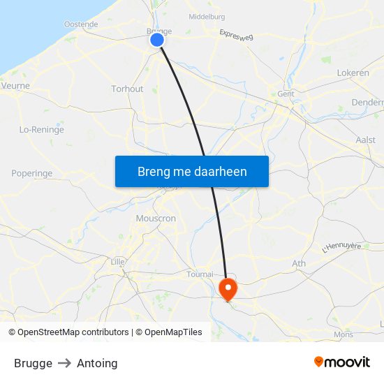 Brugge to Antoing map