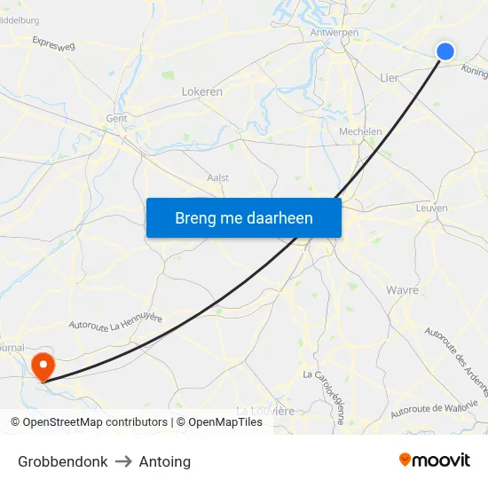 Grobbendonk to Antoing map