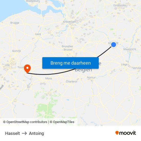 Hasselt to Antoing map