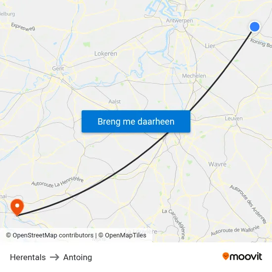 Herentals to Antoing map