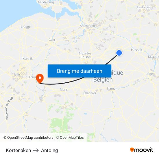 Kortenaken to Antoing map