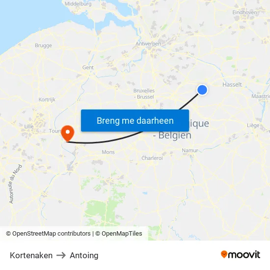 Kortenaken to Antoing map
