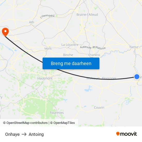Onhaye to Antoing map