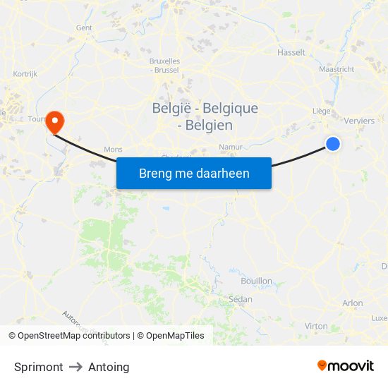 Sprimont to Antoing map