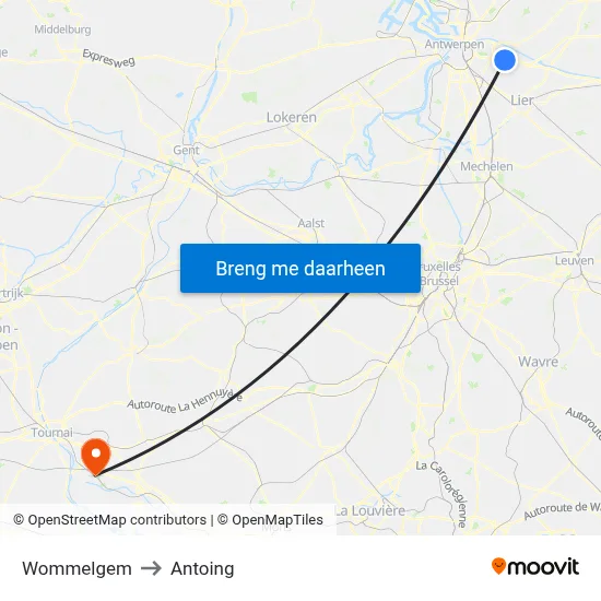 Wommelgem to Antoing map