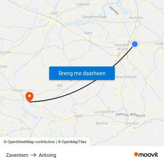 Zaventem to Antoing map