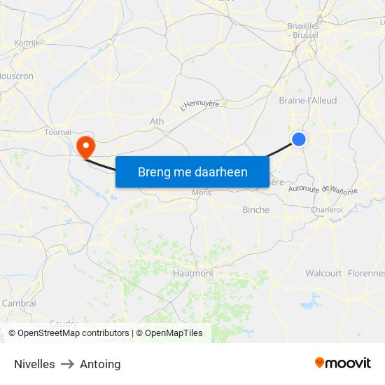 Nivelles to Antoing map