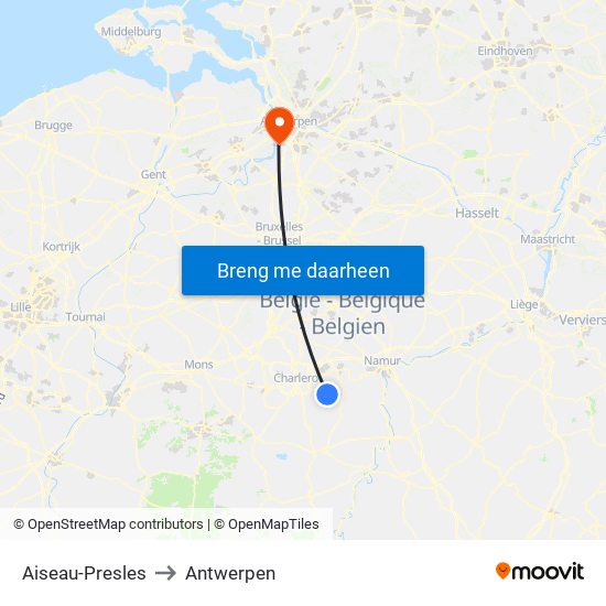 Aiseau-Presles to Antwerpen map
