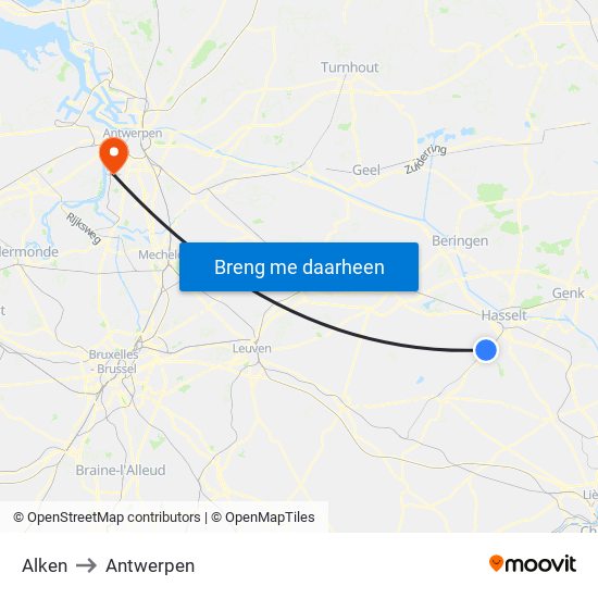 Alken to Antwerpen map