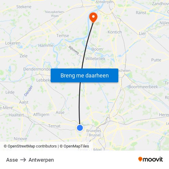 Asse to Antwerpen map
